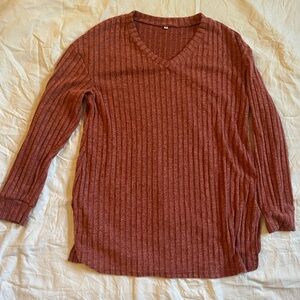 Rust Ribbed V-Neck Sweater